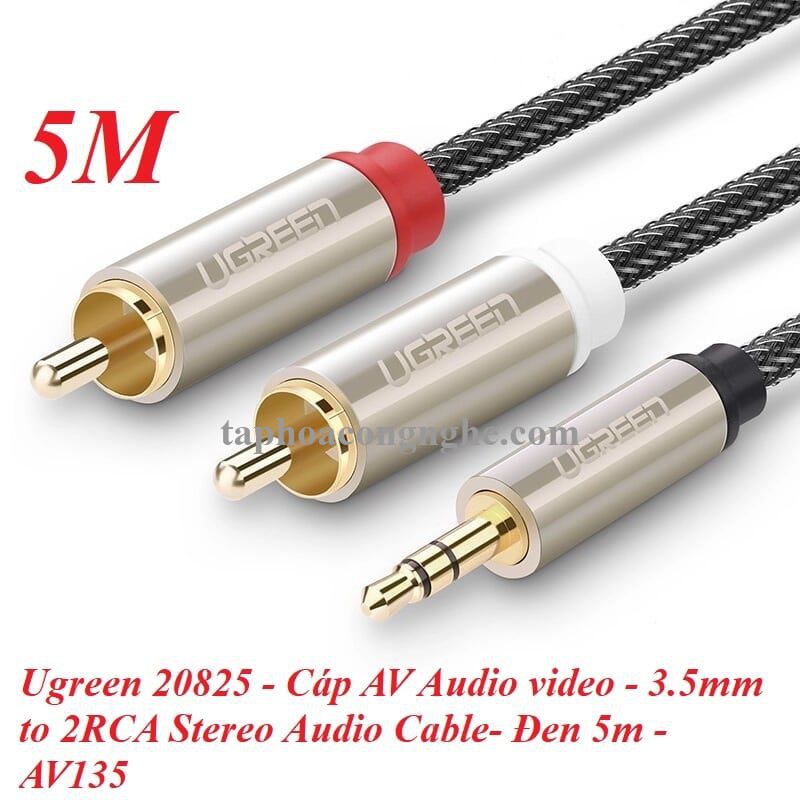 Ugreen 20825 5M màu Đen Cáp âm thanh 2 đầu Bông sen sang 3.5mm Dương đầu bọc nhôm mạ vàng AV135 30020825